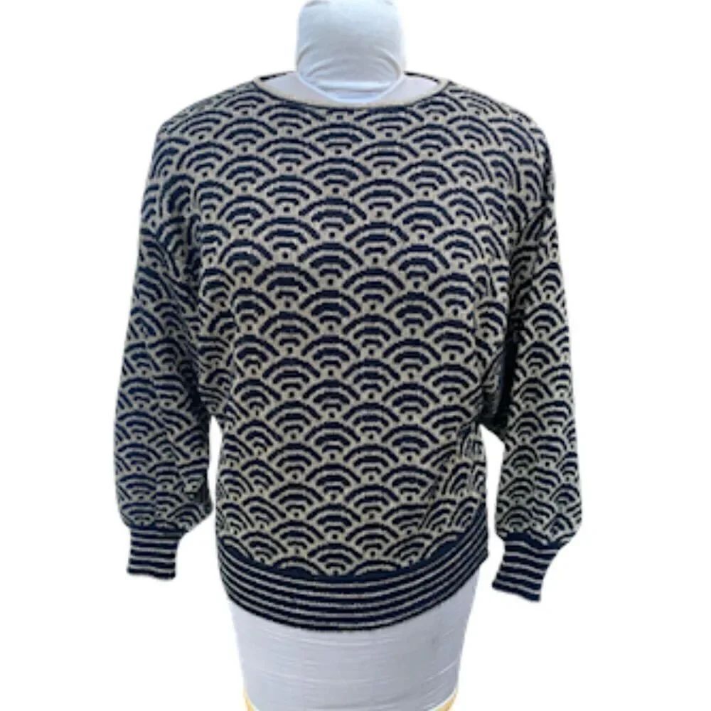 Adrienne Vittadini Vintage Geometric Black & Gold Metallic Print Lurex Sweater S